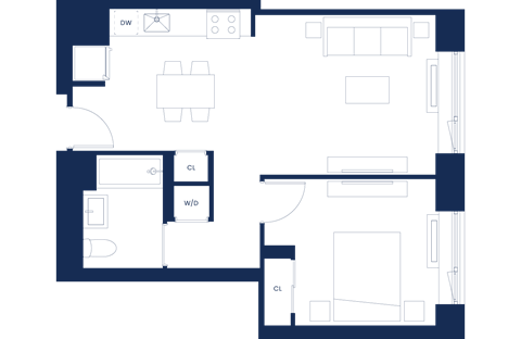 Floor plan for 1 bed, 1 bath, 791 sqft